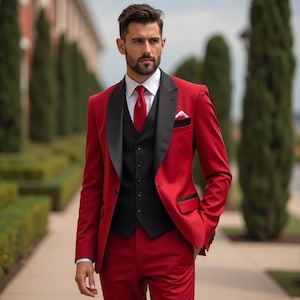 Red Color Men 3 Piece Tuxedo Suits , Wedding Plus Size Event Suits , Tailored Fit Suit , Bespoke Suits For Men ng