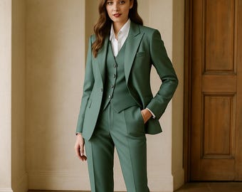 Terno feminino de 3 peças verde sálvia - Smoking sob medida - Ternos para madrinhas