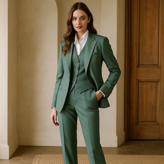 Women Sage Green Color Piece Pant Suit Custom Tailored Suit