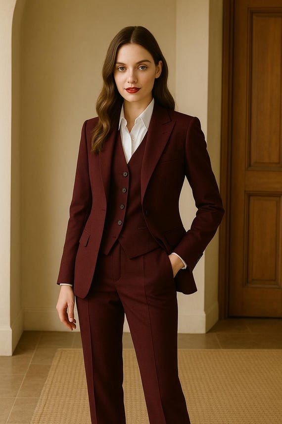 Burgundy Women's 3-Piece Pant Suit - Custom Tailored Tuxedo - Prom Dress -  Blazer Outfit