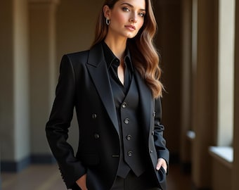 May include: A black three-piece suit with a double-breasted jacket, a vest, and matching trousers. The suit is worn over a black collared shirt. The person is standing in a hallway with arched ceilings and natural light.