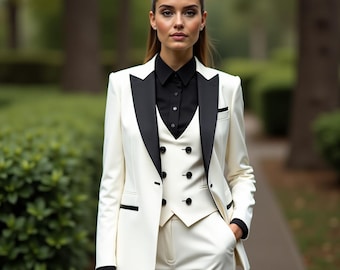 Women Off White Color 3 Piece Pant Suit , Custom Suit For Woman , Ladies Tuxedo Suit , Womens Clothing - Vintage Women Suit