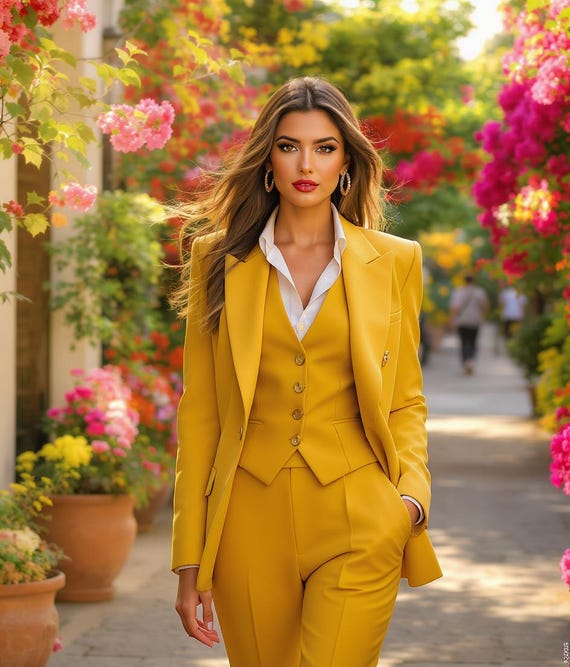 Traje de pantalón de piezas color amarillo mostaza para mujer