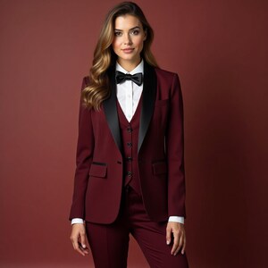 May include: A burgundy three-piece suit with a black satin lapel on the jacket and vest. The suit includes a matching burgundy blazer, vest, and trousers. A white dress shirt and black bow tie complete the formal ensemble.