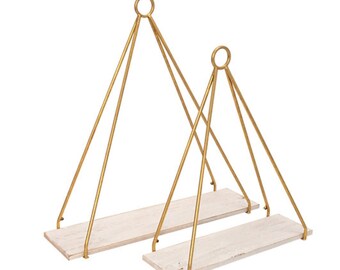 Pyramid Shelf Metal Wood White & Gold