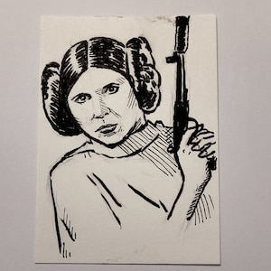 Star Wars Princess Leia sketch card, original art, pen and ink, Carrie Fisher