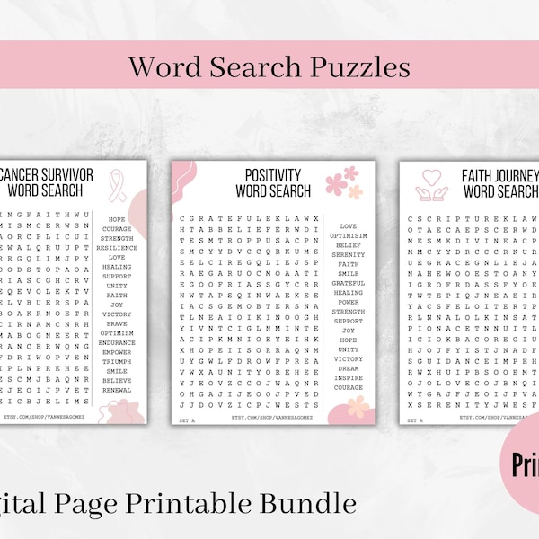 Word Search Printable Puzzle Instant Download, 5-page Printable Puzzle Pages Cancer Journey, Cancer Survivor, Cancer Projects