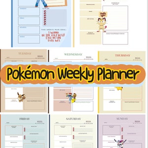 Può includere: Una collezione di pagine di pianificatore settimanale a tema Pokémon. Ogni pagina presenta un giorno diverso della settimana, con sezioni per la salute, gli appuntamenti e gli obiettivi. I pianificatori includono illustrazioni di personaggi e il testo "Pokémon Weekly Planner."