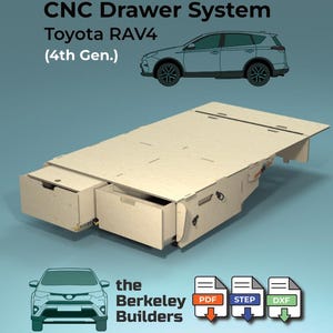 Puede incluir: Se muestra un sistema de cajones CNC para un Toyota RAV4 (4ª generación). El sistema está hecho de madera de color claro y presenta múltiples cajones. La imagen incluye una ilustración de un coche, el logotipo de Berkeley Builders e iconos de archivos PDF, STEP y DXF.