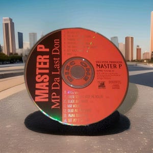 May include: A compact disc for the album "MP Da Last Don" by Master P. The disc is red with white text, including song titles and the artist's name. The CD is displayed on a black stand with a city skyline in the background.