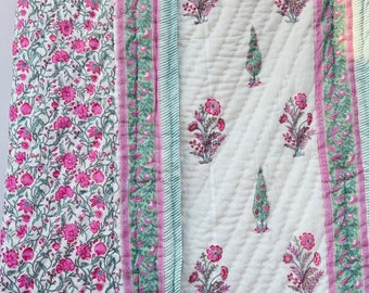 New Hand Block Print Cotton Quilt Reversible Indian Quilt New Floral Print Quilt