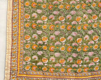 Indian Hand Block Printed Queen Quilt Boho Jaipur Quilt Cotton Handmade Floral Bedspread Comforter