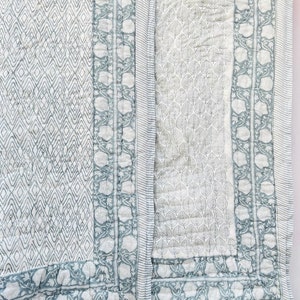 New Hand Block Print Cotton Quilt Reversible Indian Quilt Blue New Floral Print Quilt,  Handmade Soft Quilt Bedding Cozy Comforter