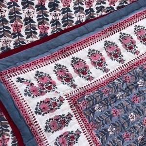 Indian Block Printed Quilt,Cotton bedspread Reversible Soft Quilt,Handmade Floral Quilt, Queen Size Blanket Winter Warm Razai Quilt Bedcover
