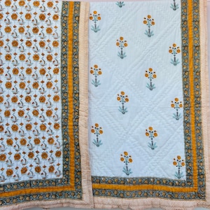 Indian Hand Block Printed 100% Pure Cotton Cloth Quilted Throw Blanket, Cover for Couch and Bed, Lap Bedding Coverlet Luxury Oversized Quilt