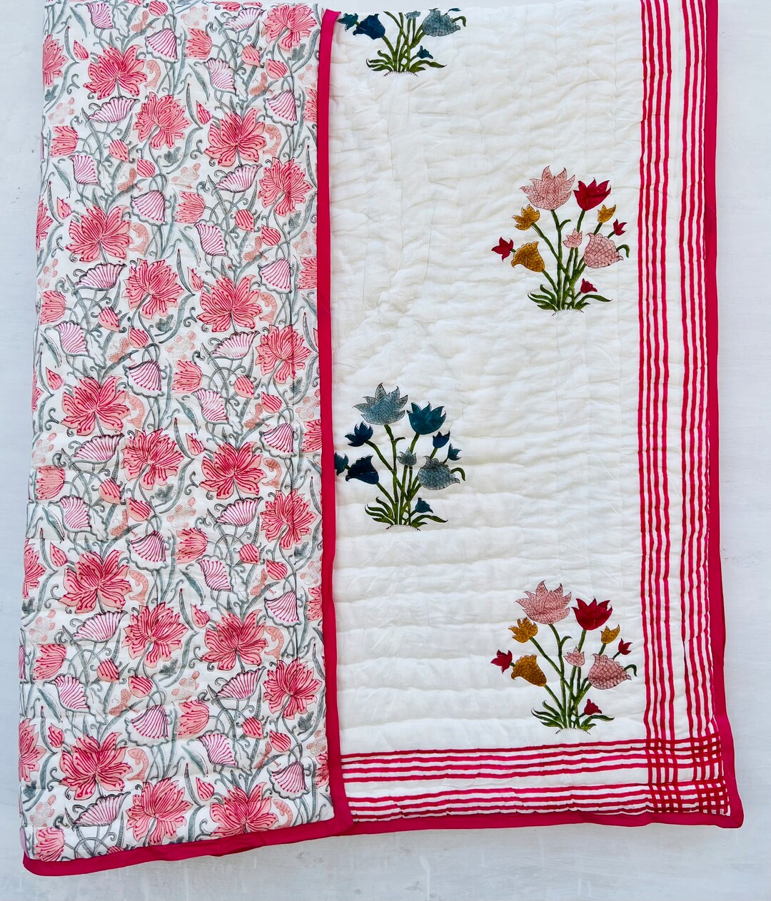 Reversible Quilt Soft Cotton Quilt Hand Block Print Quilt Floral Print