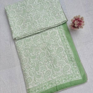 Reversible Block Printed Cotton Quilt, Handmade Green Paisley Floral Queen Size Comforter Ac Dohar