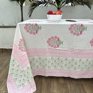 Floral Hand Block Print Cotton Tablecloth, Rectangle Custom Table Cover, Indian Artisan Dining Tablecloth, Washable Boho Table Decor, Gift