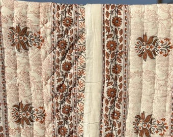 Hand Block Printed Cotton Quilt, Indian Handmade Floral Bedspread Throw Bedding Comforter Set