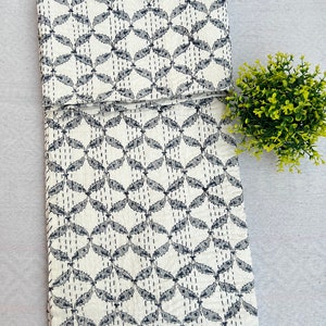 Anokhi Block Print Kantha Quilt, Handmade Quilted Bedspread, Floral Bedding Kantha Blanket, Twin Size Coverlet, Vintage Cotton Bed Cover