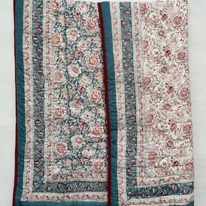 Indian Hand Block Printed Quilt, Handmade Floral Cotton Blanket, Bohemian Quilted Bedspread, Queen Size Throw Comforter, Quilt For Bed Decor
