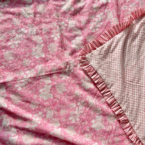 Pink Floral Ruffle Edges Throw, Boho Personalized Cotton Blanket Block Printed bedding Quilt Coverlet