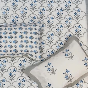 Floral Block Print Queen Bedsheet Set: Handmade Indian Cotton Bedding