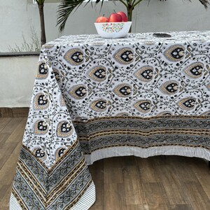 Hand Block Printed Tablecloth, Handmade Floral Cotton Table Cover, Boho Rectangle Dining Tablecloth, Wedding Home Kitchen Decor, Cozy Gift