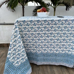 Indian Block Printed Tablecloth, Vintage Cotton Floral Table Cover, Rectangle Dining Room Tablecloth, Elegant Table Cover, Boho Home Decor