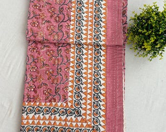 Edredón Kantha floral hecho a mano, edredón estampado a mano, colcha de algodón indio, manta de cama