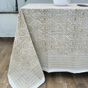 Hand Block Printed Rectangle Tablecloth, Cotton Table Cover, Housewarming Gifts, French Tablecloth,Beige Floral Tablecloth ,Boho Table Cover