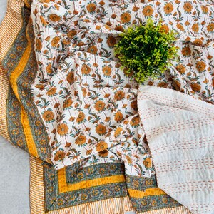 Indian Block Printed Quilt, Handmade Kantha Stitch Cotton Blanket, Queen Size Bedding Coverlet, Floral Bedcover, Bohemian Throw Bedspread