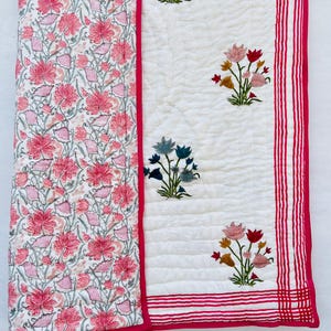 Indian Quilted Bedding Bedspread, Hand Block Printed Floral Quilt, Twin Size Summer Comforter, Bohemian Cotton Throw Bed Cover, Famous Quilt