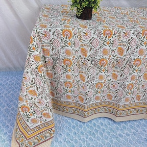 Block Printed Cotton Tablecloth, Handmade Yellow Floral Square Events & Party Table Cover