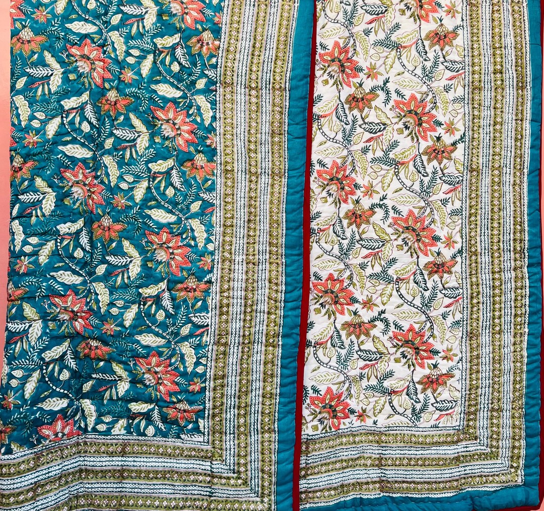 Indian Reversible Quilt Soft Cotton Quilt Hand Block Print Quilt Floral