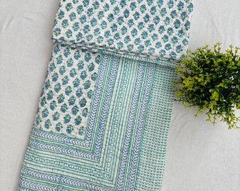 Edredón Kantha indio hecho a mano, edredón de algodón con estampado a mano, colcha bohemia tamaño queen