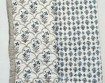 Hand Block Printed Cotton Quilt Indian Floral Kantha Bedspread Throw Handmade King Size Blanket