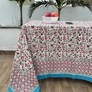 Indian Block Print Tablecloth, Cotton Floral Vintage Tablecloth, Peach Classic French Dining Table Cover, Kitchen Housewarming Wedding gifts