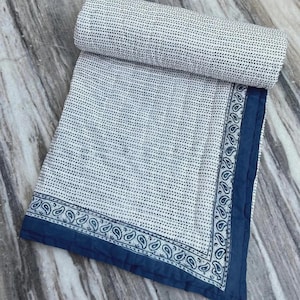 Block Printed Jaipuri Quilt, Handmade Blue Paisley Queen Size Kantha Quilt, Boho Comforter Bedspread