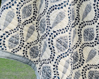 Indian Reversible Jaipuri Cotton Voile Quilt,Hand Block Print Quilt,Floral Comforter,Kantha Bedding,Handmade Floral Quilt,Kantha Throw Quilt