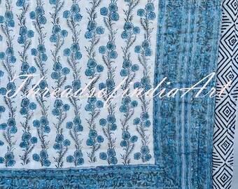 Indian Jaipur Quilt Block Print Cotton Quilt Reversible Queen Size Bedding Coverlet Blanket Throw