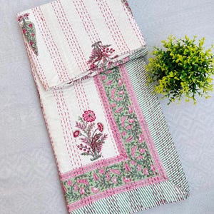 Pink Floral Block Print Quilt, Handmade Cotton Kantha Quilt, Bohemian Quilted Bedspread Blanket Twin Size Bed Comforter, Gift For Home Decor