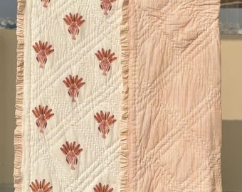 Hand Block Print Cotton Quilt Indian Blanket,Handmade Floral Quilt, Bedspread Comforter