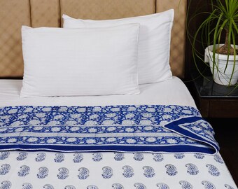 Hand Block Print Cotton Dohar Handmade Ac Blanket Reversible Dohar Ac Comforter Indian Quilt Blue Floral Print Blanket Throw