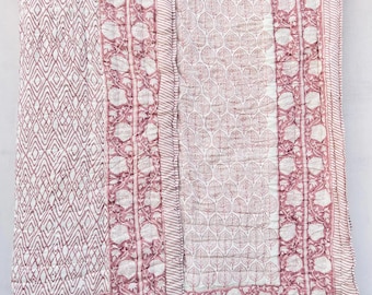 Jaipuri Hand Block Print Cotton Quilt Reversible Floral Bedspread Handmade Queen size Blanket Throw