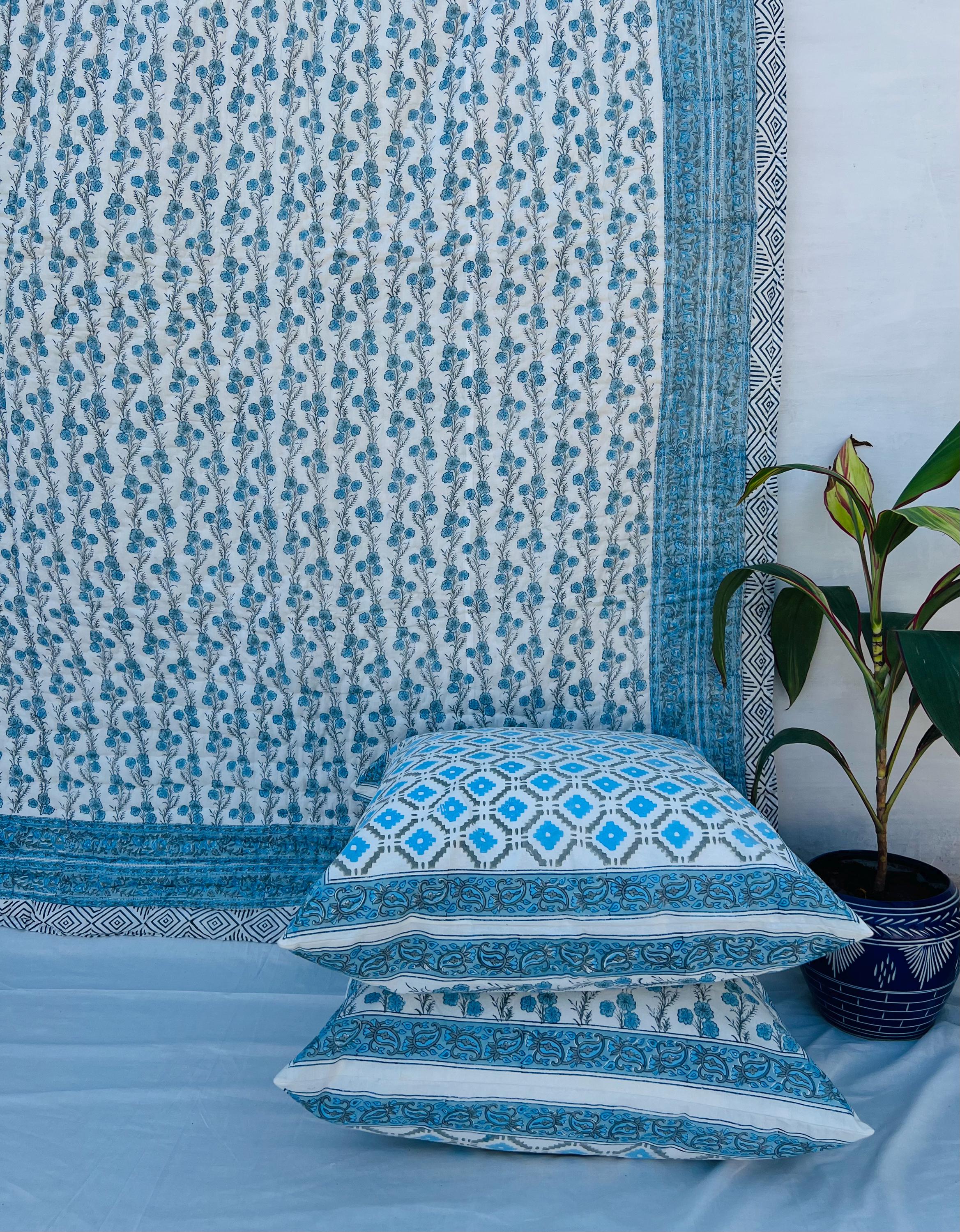 ジャイプリブロックプリントキルト：リバーシブルフローラルコットン