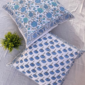 Indian Hand Block Print Cotton Cushion Cover Bohemian Blue Floral Pillow Cover  Decorative Cushion Cover 24&quot;X24&quot; Farmhouse Decor