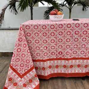 Rectangle Block Printed Tablecloth, Elegant Cotton Dining Table Cover, Handmade Floral Pattern Tablecloth, Vintage Kitchen Table Decor, Gift