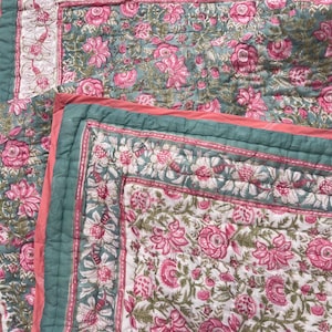 Indian Hand Block Printed Quilt, Reversible Soft Cotton Blanket, Floral Queen Size Bedding Comforter, Vintage Throw Bedspread, Home Decor