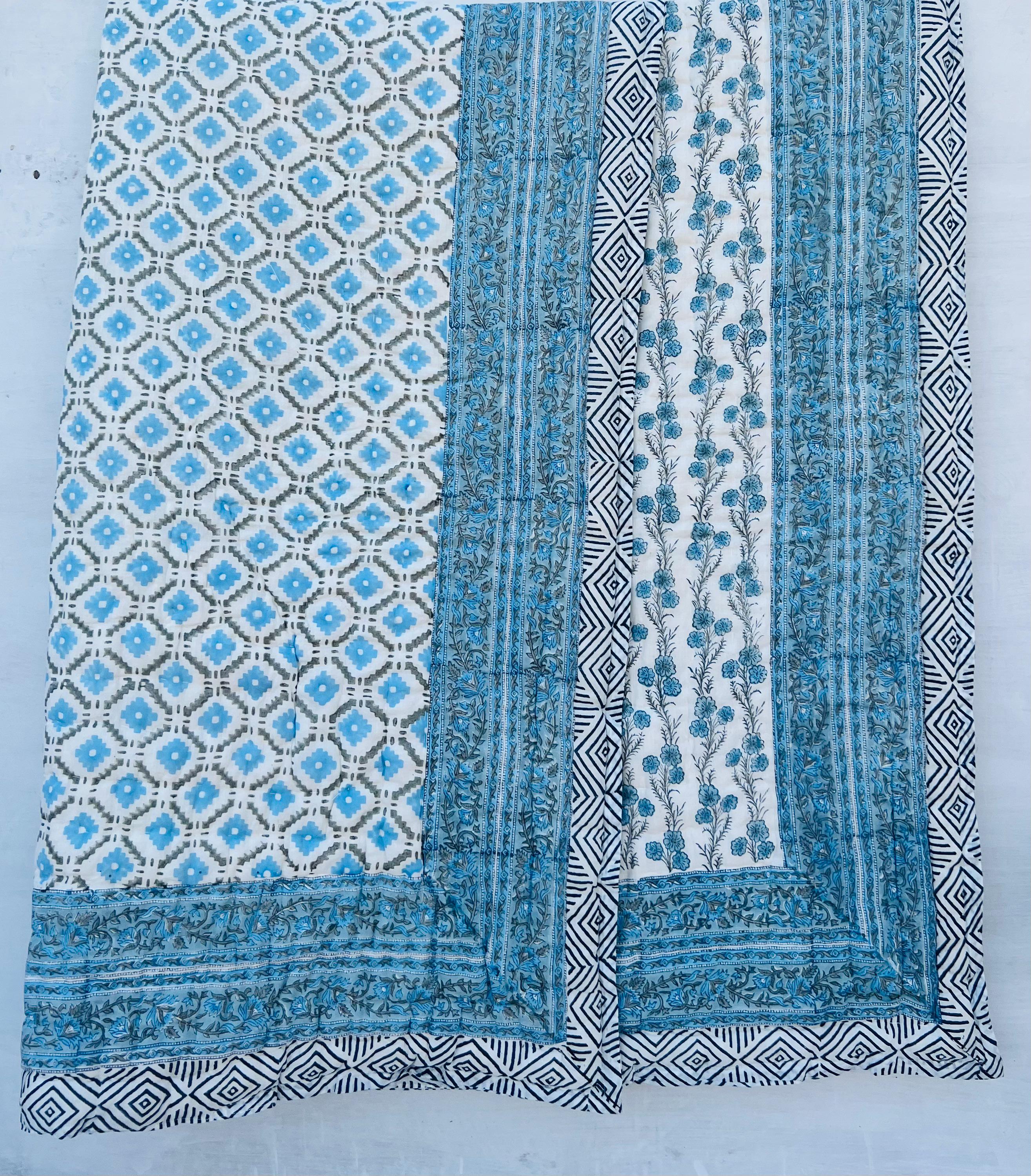 L (Queen ) ブロックプリントリバーシブルキルト ジャイプリブロックプリントキルト：リバーシブルフローラルコットン